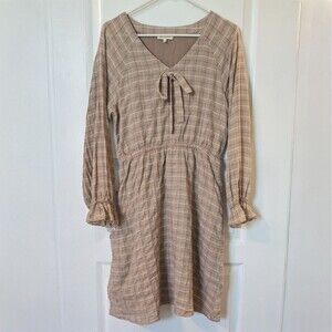 Roolee Midi Dress Womens M 100% Cotton Long Sleeve Tan Plaid Minimalist Neutral